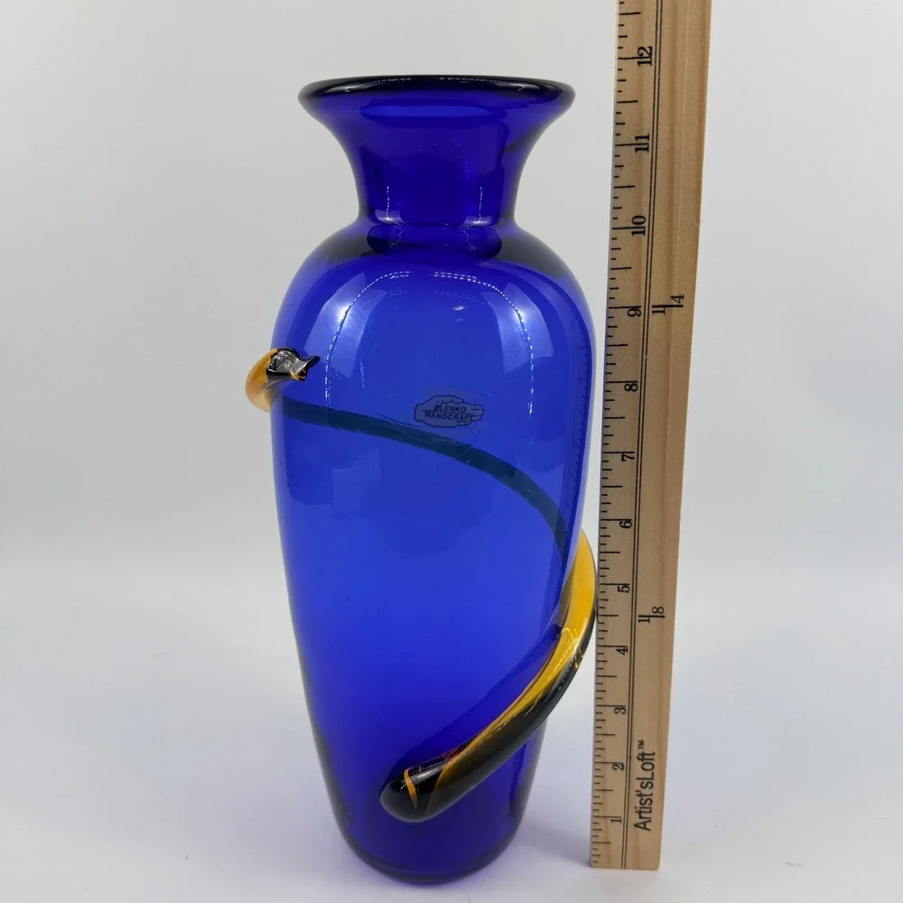 Blenko 9907L Cobalt Blue Art Glass Vase Topaz Applied Spiral Handcrafted USA